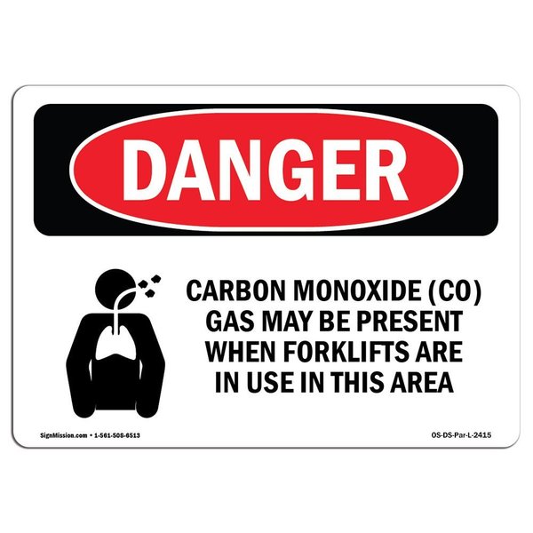 Signmission OSHA Danger Sign, 12" Height, 18" Width, Rigid Plastic, Carbon Monoxide (CO) Gas May, Landscape OS-DS-P-1218-L-2415